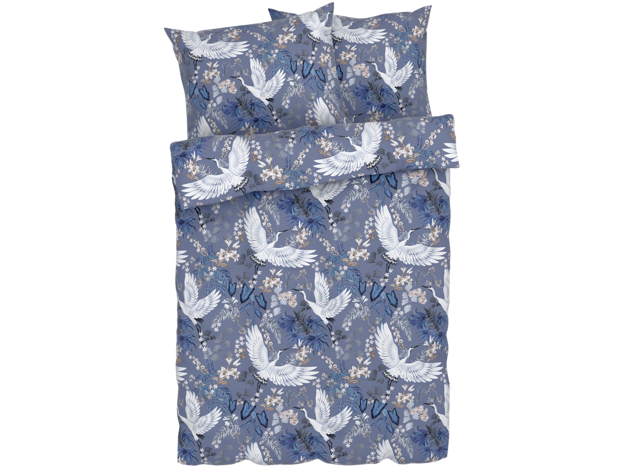 LIVARNO home Reversible Bedlinen with a blue floral and crane pattern.