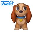 A brown dog figurine with a blue collar and yellow tag, with a logo in the top left.