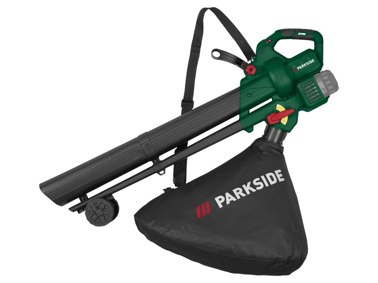 Parkside 40 V battery-powered leaf blower/vacuum with collection bag and wheels.