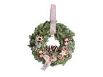 Christmas wreath with pine cones, stars, and pink ribbons.