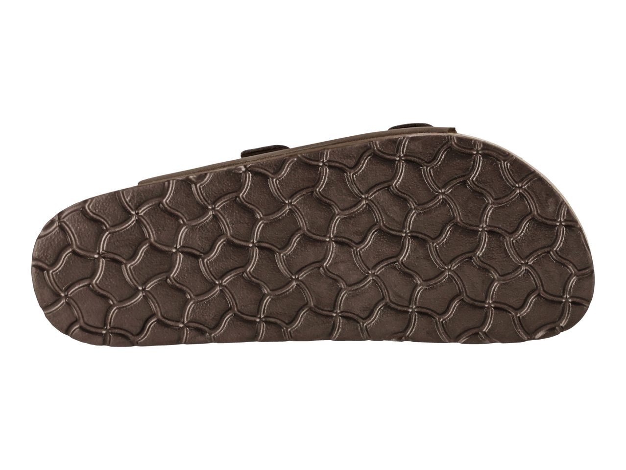 Bottom view of a dark brown sandal with a textured sole pattern.