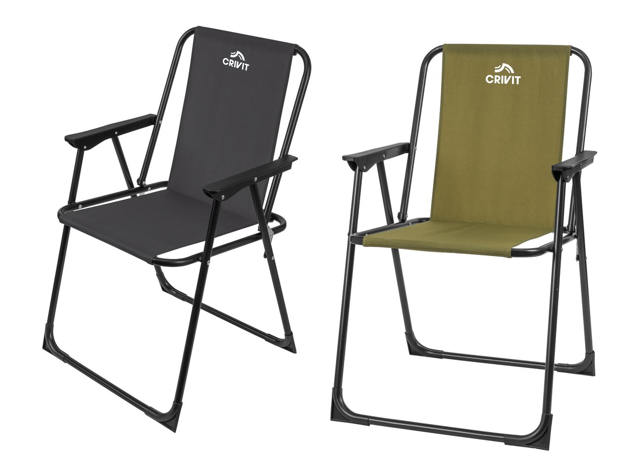 Zwei klappbare Campingstühle in Schwarz und Olivgrün.