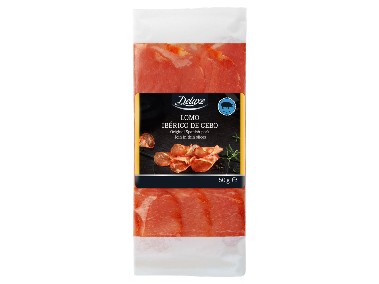 Deluxe Lomo Ibérico de Cebo: plāni sagrieztas spāņu cūkgaļas filejas šķēles, 50g iepakojums.