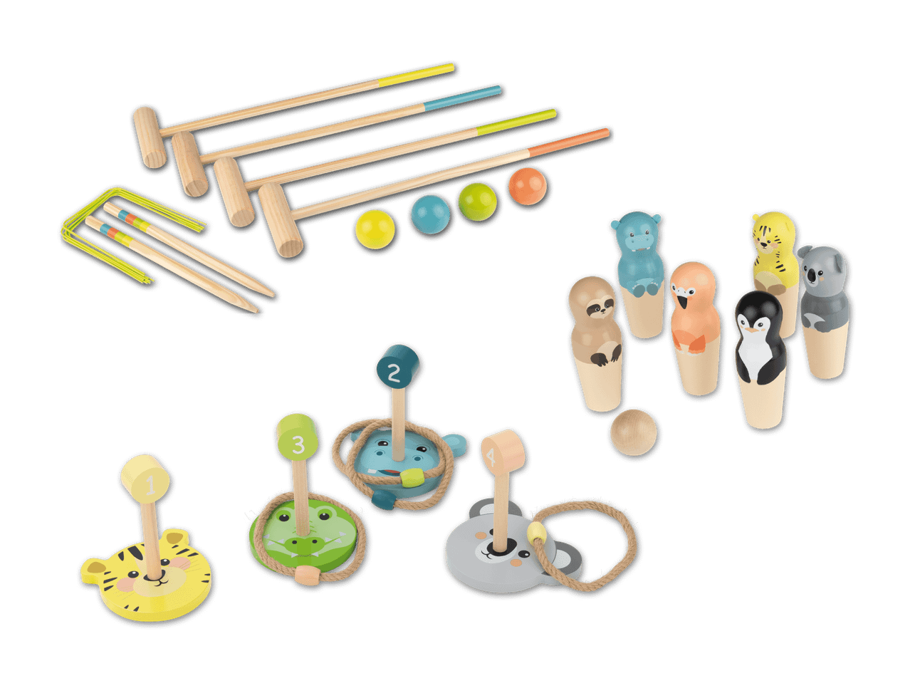 Holzspielzeug-Set mit Krocket, Tierkegeln und Ringwurfspiel