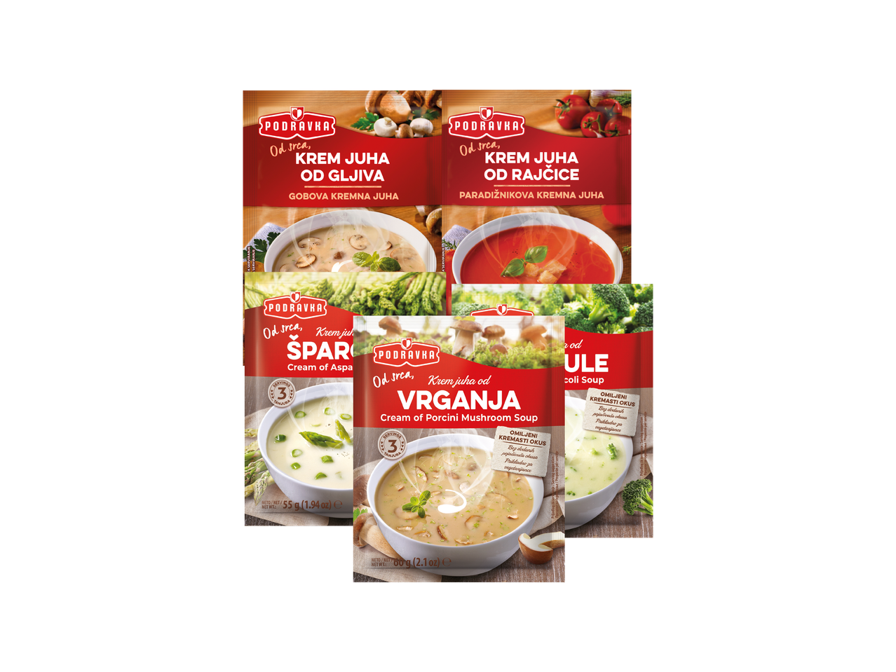 Pakiranja krem juha od gljiva, rajčice, šparoga, vrganja i brokule.