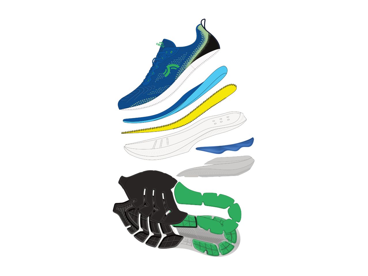Exploded view of a blue running shoe showing its various layers and components.