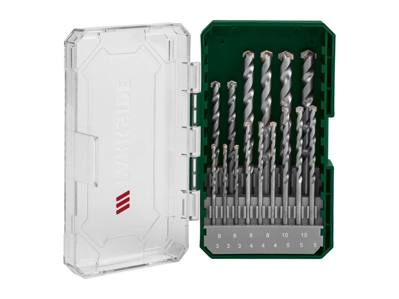 A set of Bosch masonry drill bits in a plastic case.