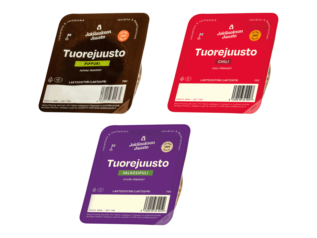 Kolme eriväristä laktoositonta tuorejuustopakkausta: pippuri, chili ja valkosipuli.