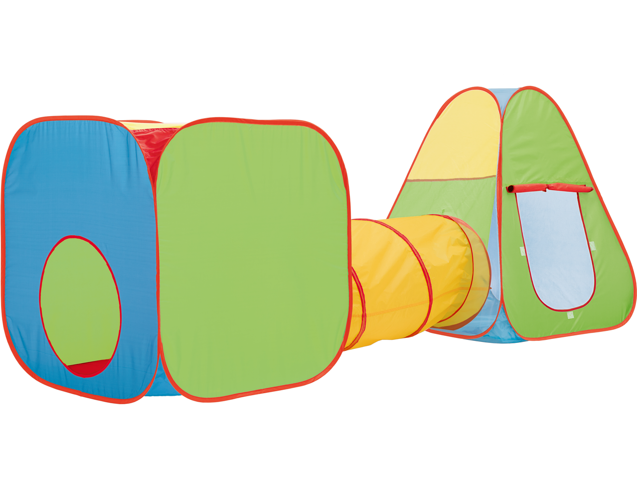 LUPILU rotaļu telts ar tuneli, ar zilām, zaļām, dzeltenām un sarkanām sekcijām.
