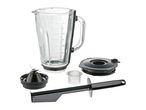 Glass blender jug with blade assembly, lid, measuring cap, and spatula