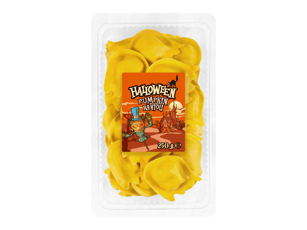Pakkaus kurpitsatäytteistä Halloween-raviolia, 250 g.