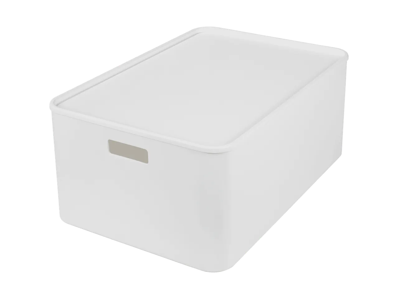 Boîte de rangement blanche avec couvercle et poignée encastrée.