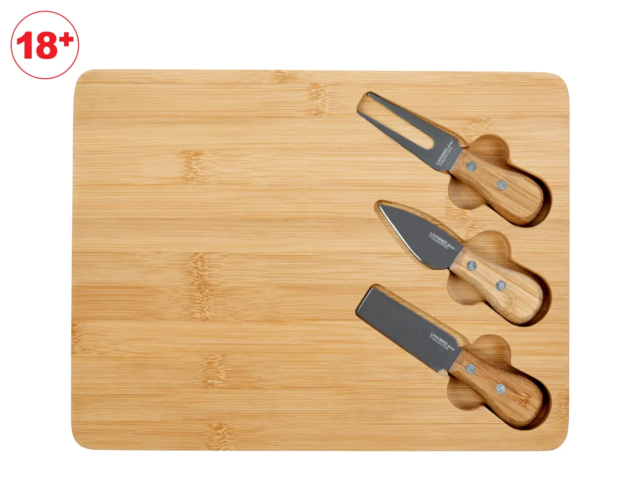 Bamboo cheese board with three cheese knives.