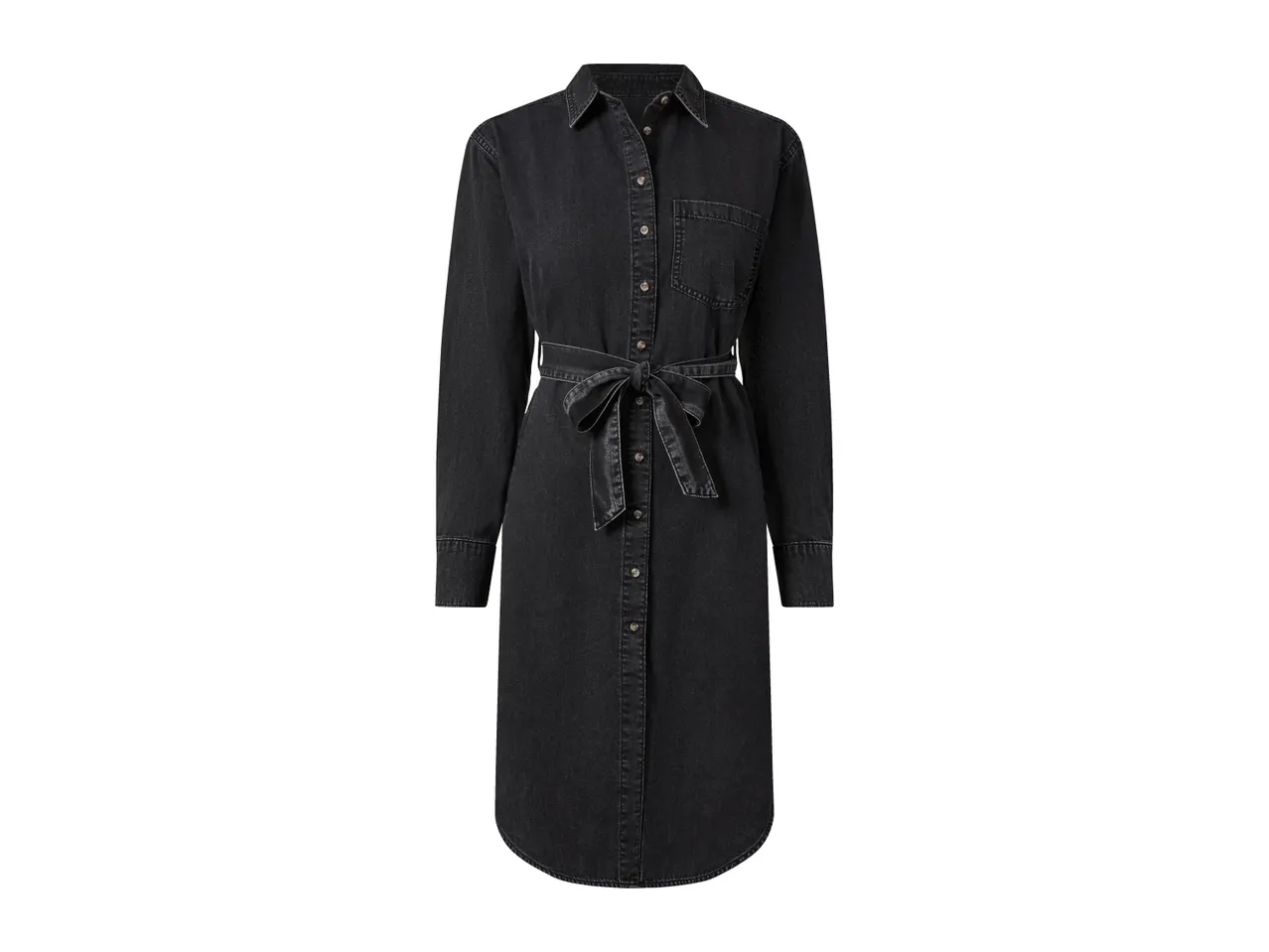 Black denim shirt dress with a tie-waist belt and long sleeves.