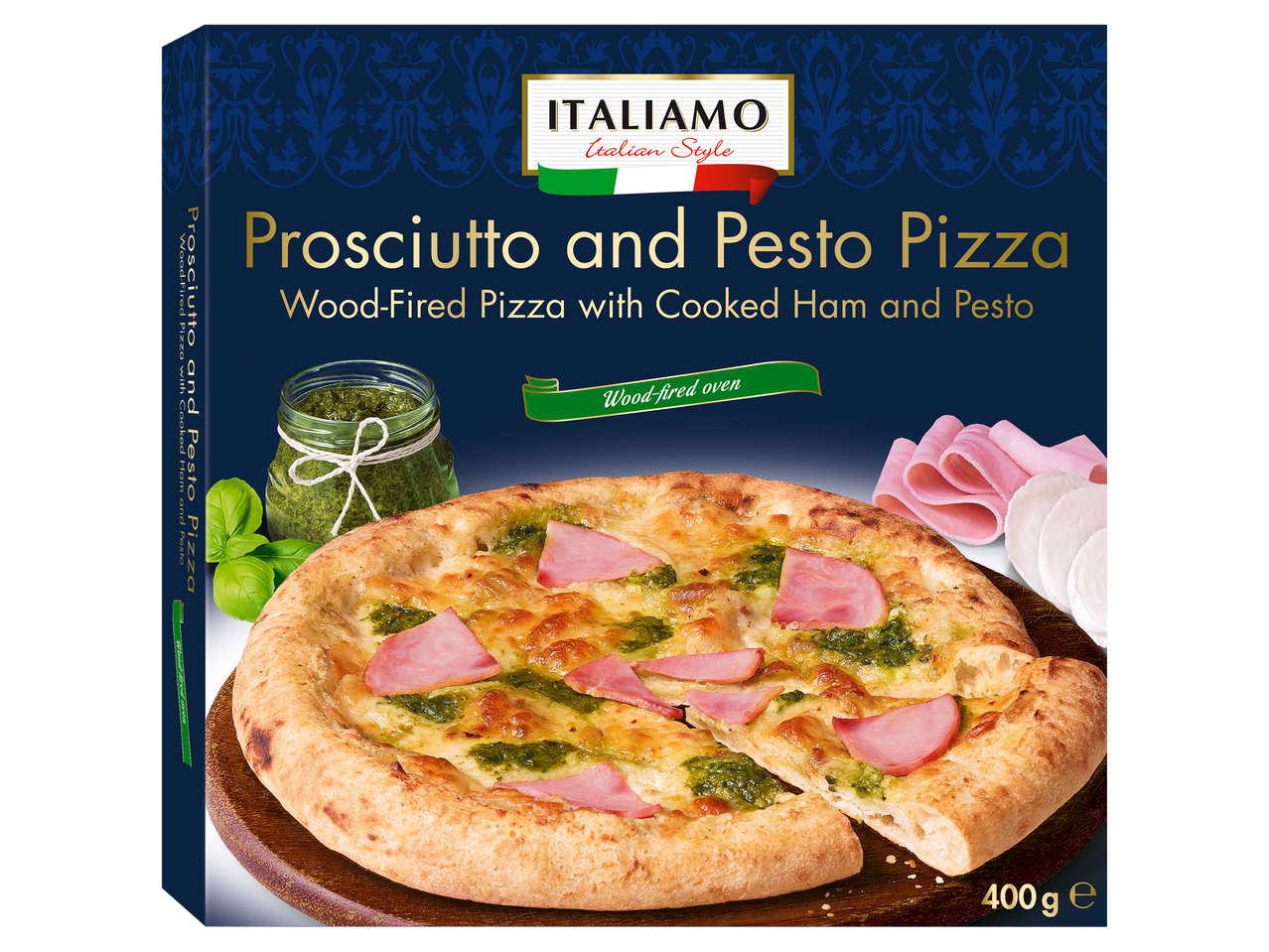 Prosciutto és pesto pizza, fatüzelésű, főtt sonkával és pestóval, 400 g