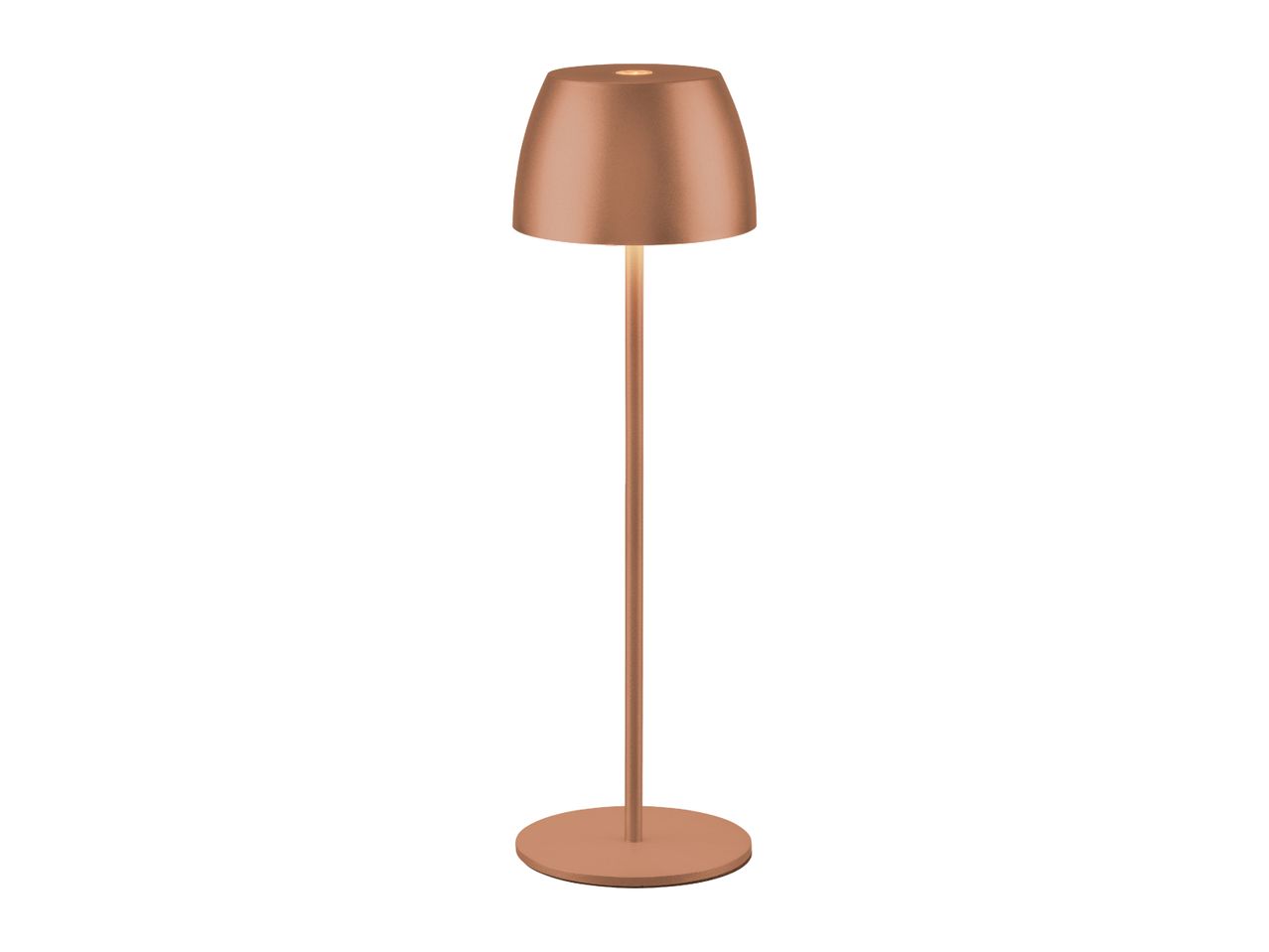 Modern copper-colored LED table lamp with a round base and shade