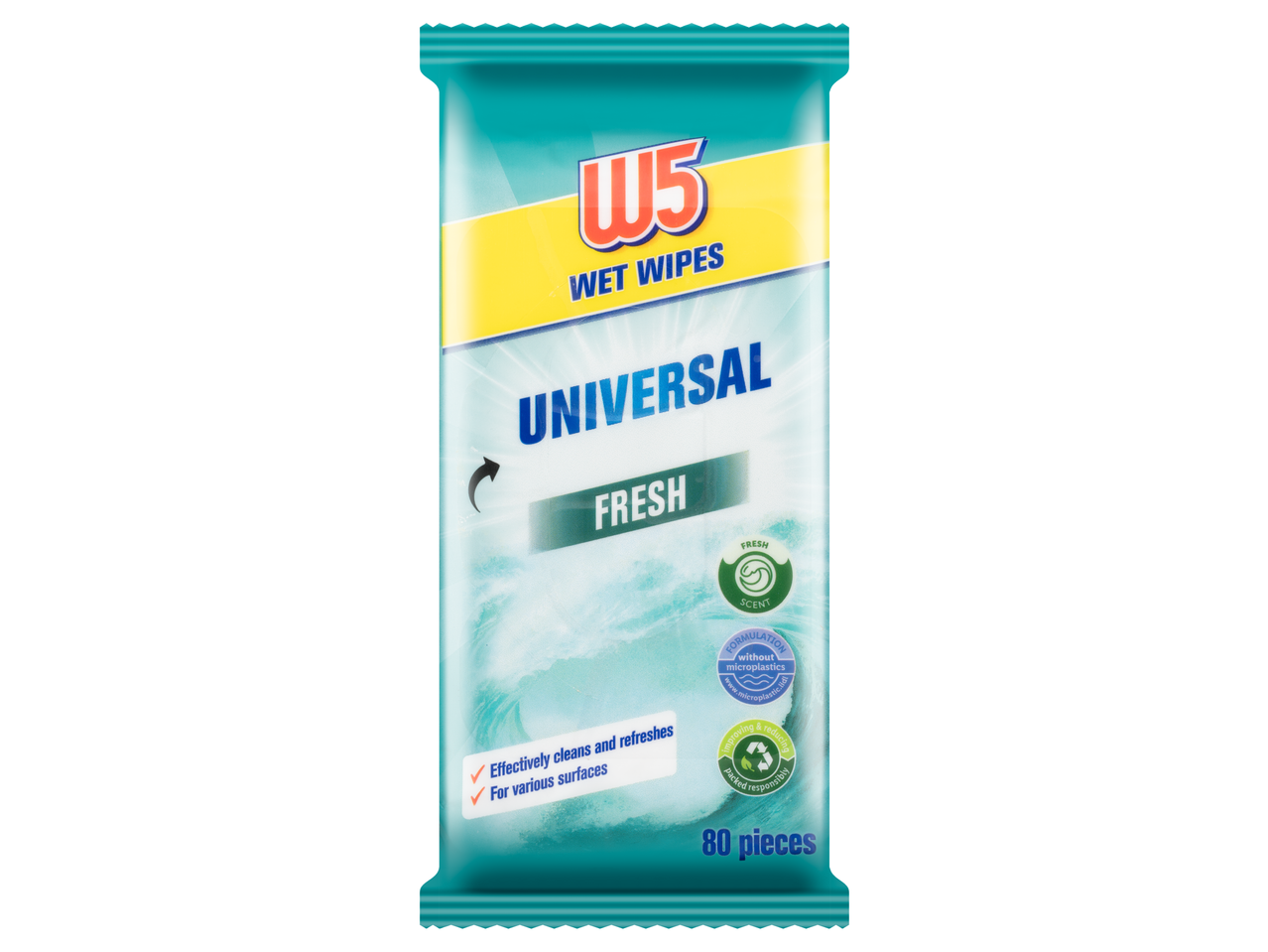 W5 Univerzális Fresh nedves törlőkendő, 80 darab, különböző felületekre, mikroműanyag nélkül.