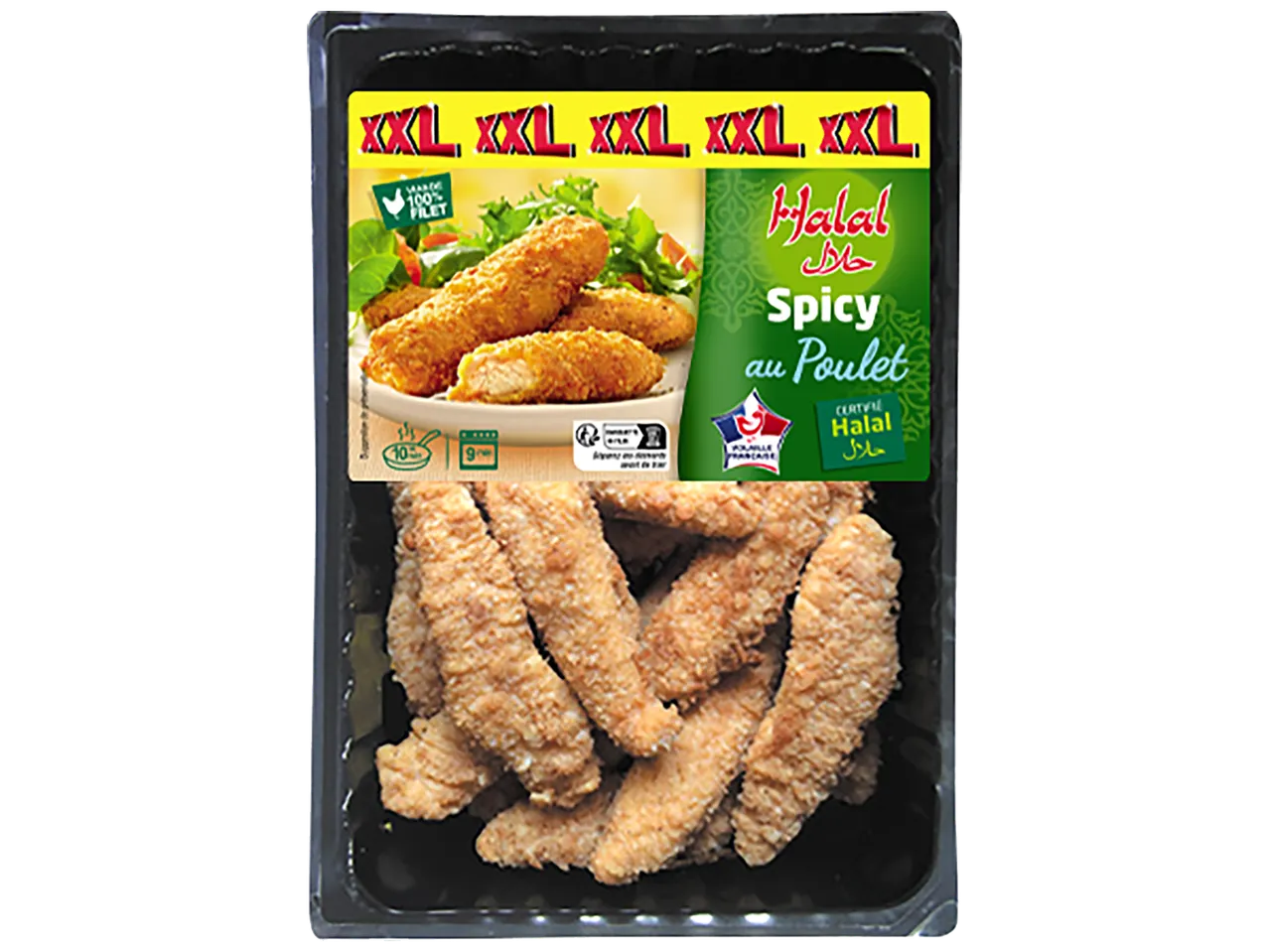 Barquettes de nuggets de poulet panés épicés, certifiés Halal, avec la mention 'XXL'.