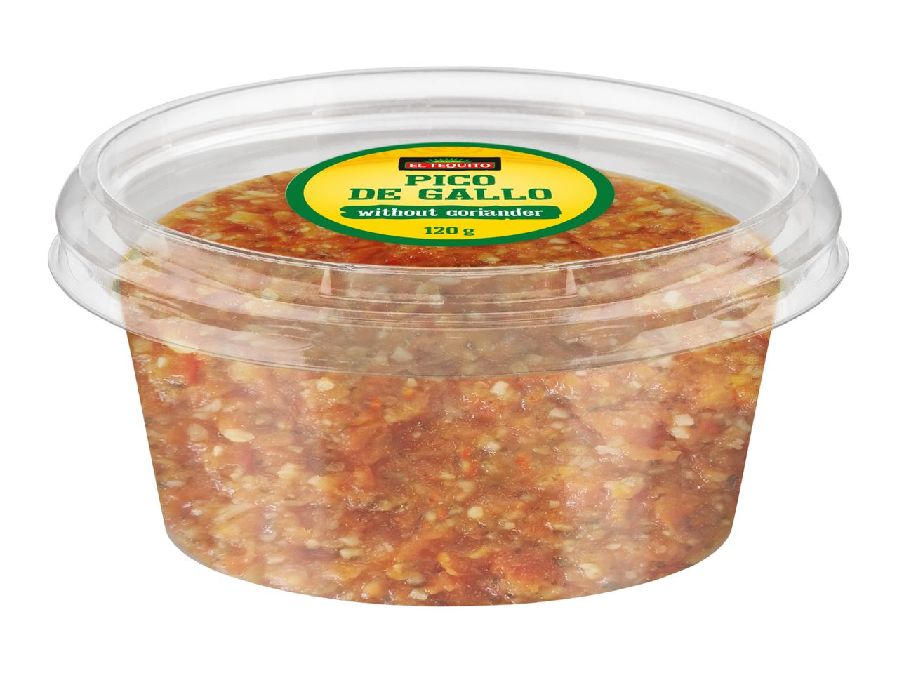 Pico de Gallo without coriander in a clear plastic container, 120g.
