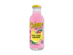 En flaske lyserød yuzu lychee lemonade med frugtillustrationer og teksten 'Shake Well'.