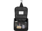 Necessaire de viagem preta aberta com cosméticos e remédios.