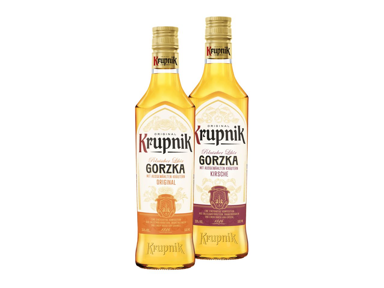 Zwei Flaschen Krupnik Gorzka Likör, eine Original und eine Kirsch-Variante.