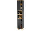 Tall gray bathroom cabinet with wooden shelves and legs, containing towels and toiletries.