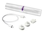 Vacuum sealer accessories including a roll of film, a connection hose, and three adapters.
