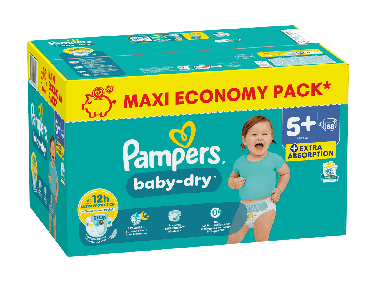 Maxi-Pack Pampers Baby-Dry Windeln Größe 5+ mit bis zu 12 Stunden Schutz.