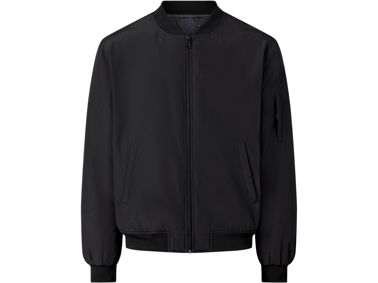 Fekete férfi bomber dzseki cipzárral és bordázott mandzsettával.