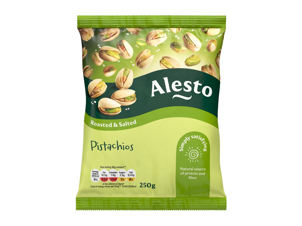 Roasted & Salted Pistachios snack bag with nutritional information and 250g weight.