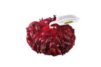 Red onion bulbs in a mesh bag with a label showing origin and product number 58394.