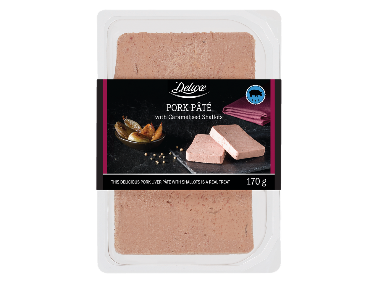 Deluxe cūkgaļas aknu pastēte ar karamelizētiem šalotes sīpoliem, 170 g