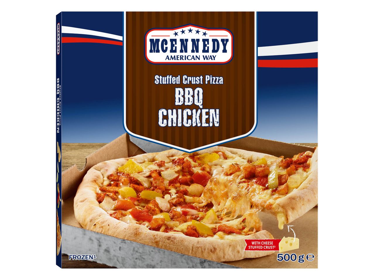 Pizza McEnnedy BBQ poulet surgelée, croûte farcie.