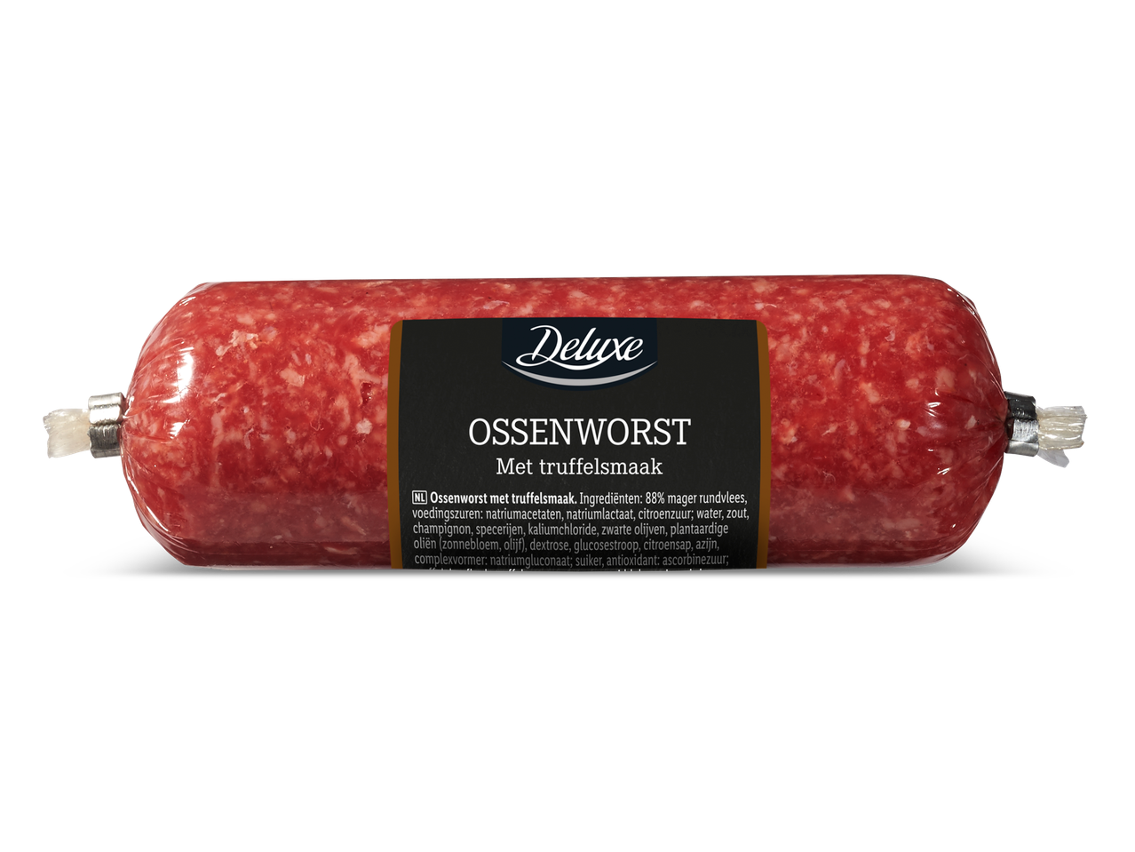 Deluxe Ossenworst met truffelsmaak, een rauwe runderworst in doorzichtige verpakking.