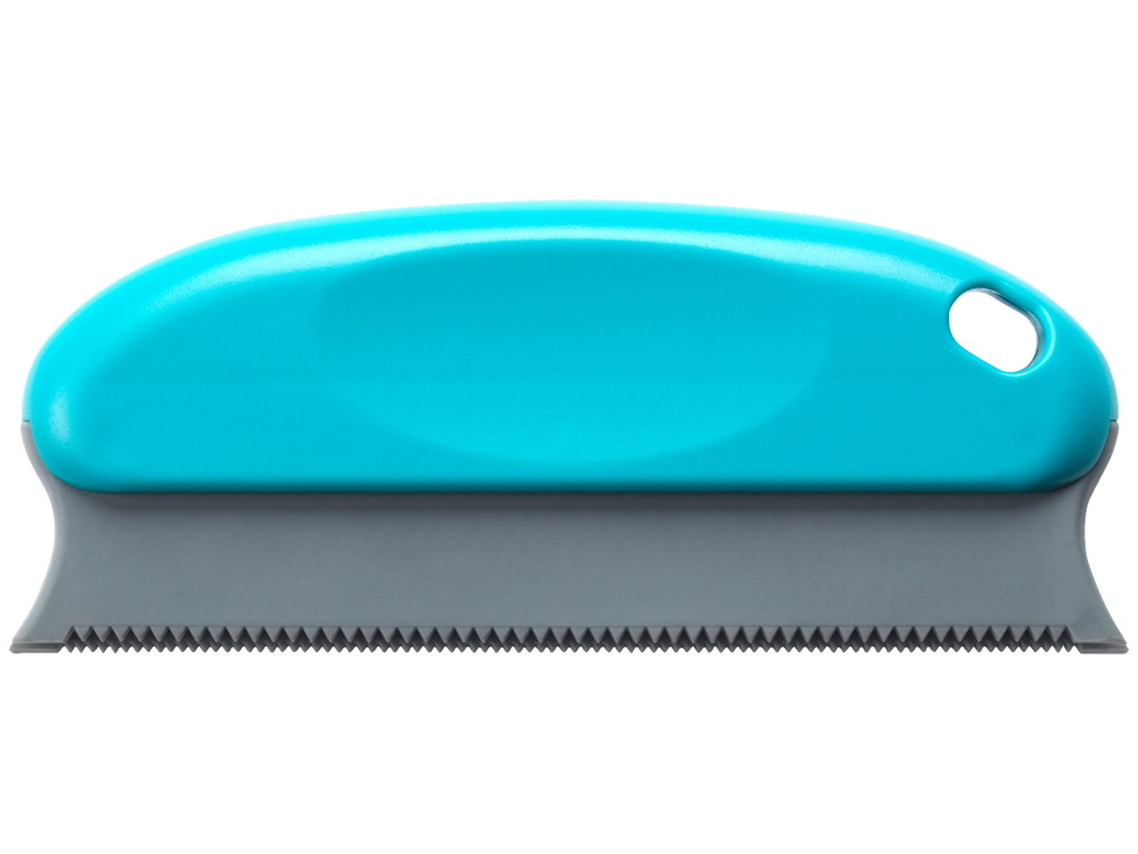 A teal and gray lint remover with a serrated edge.