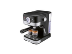 Máquina de café expresso SilverCrest preta e prateada com dois copos de café.