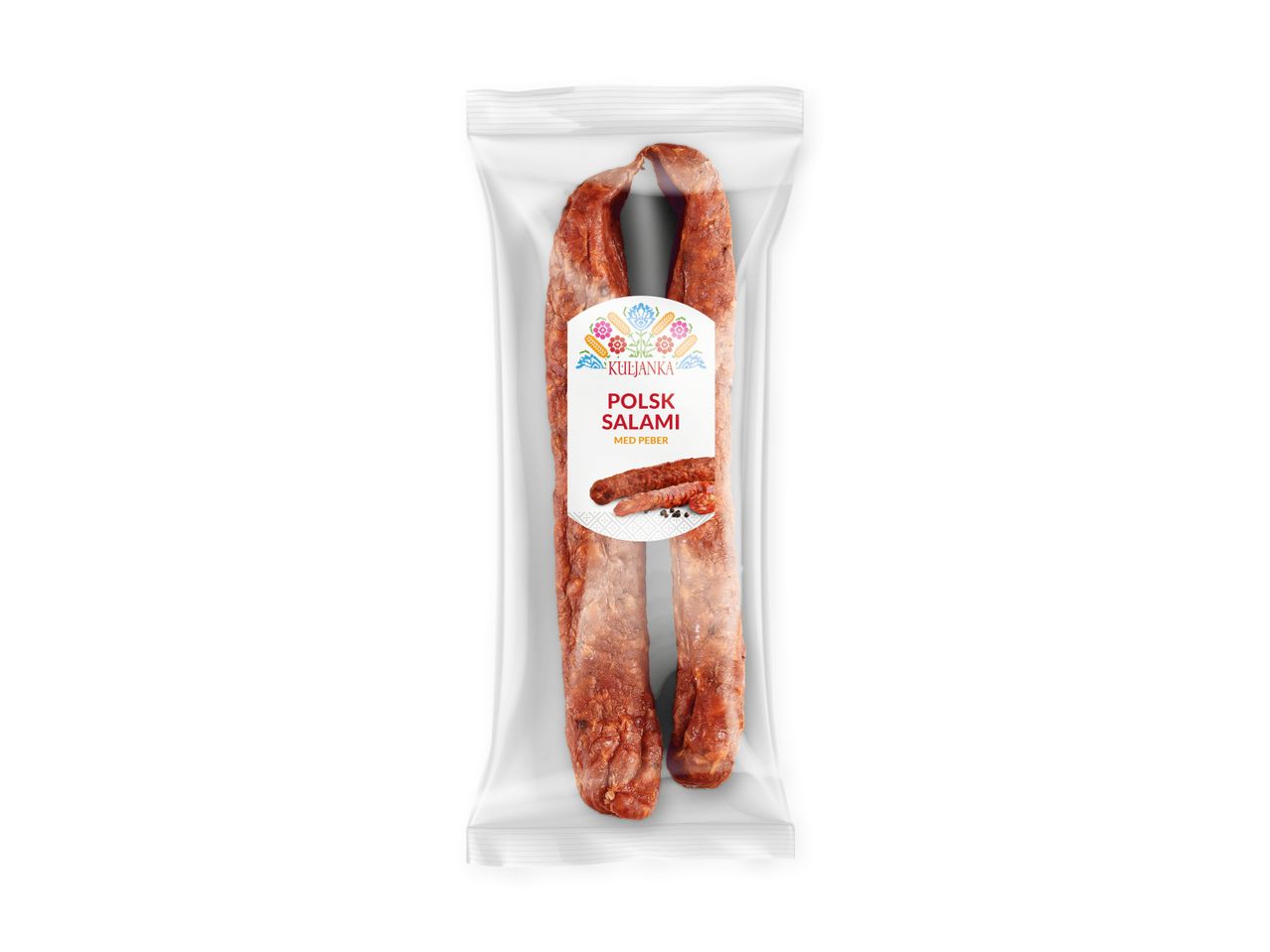 To pølser i en gennemsigtig pakke med en etiket, der siger 'POLSK SALAMI MED PEBER'.