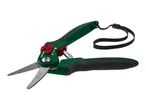 Green and black garden shears with a wrist strap, shown on a white background.