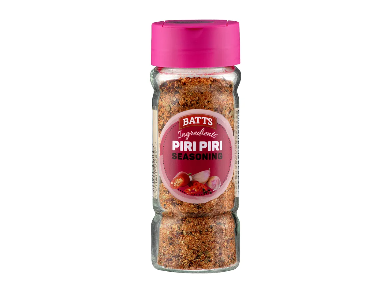 Batts Ingredients Piri Piri seasoning in a glass jar.