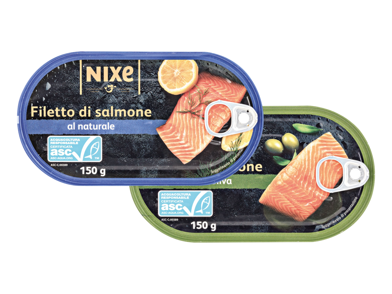 Two NXC salmon fillet cans, one with lemon and one with olives.