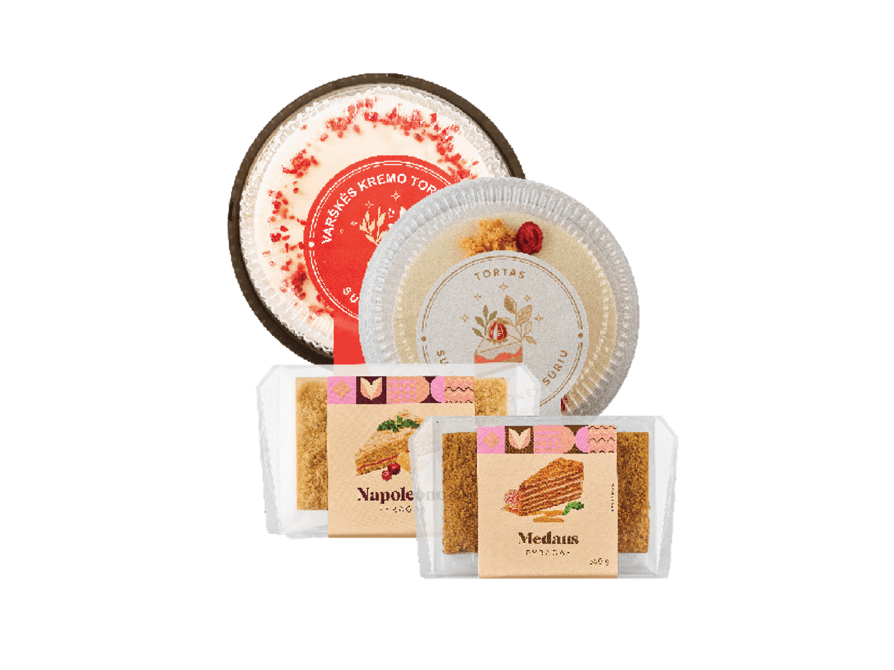 Du tortai ir du supakuoti pyragaičiai: Napoleono ir Medaus.