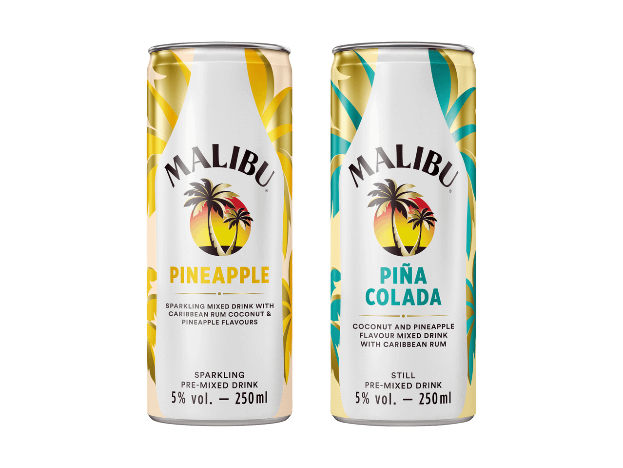Zwei Malibu Dosen: Pineapple Sparkling und Piña Colada Still Pre-Mixed Drinks.