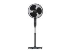 Black pedestal fan with a round base and control panel on the stand.