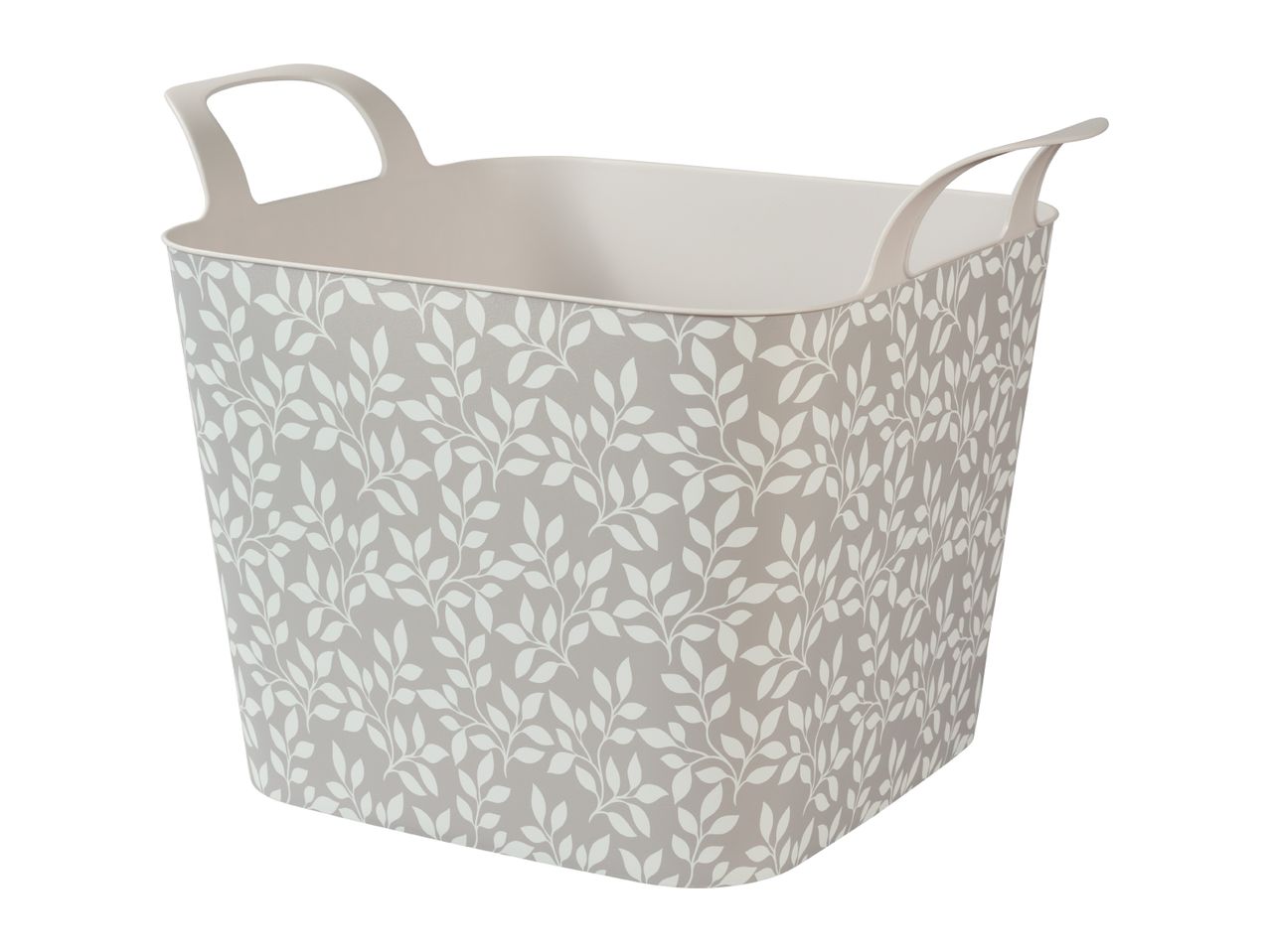 Grey storage basket with white leaf pattern and two handles.