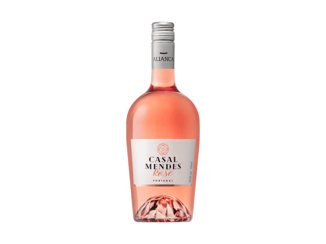 Flasche Roséwein mit weißem Etikett und silbernem Schraubverschluss.