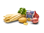 Witte asperges, aardappel, peterselie, uien, boter en kookroom voor aspergesoep.