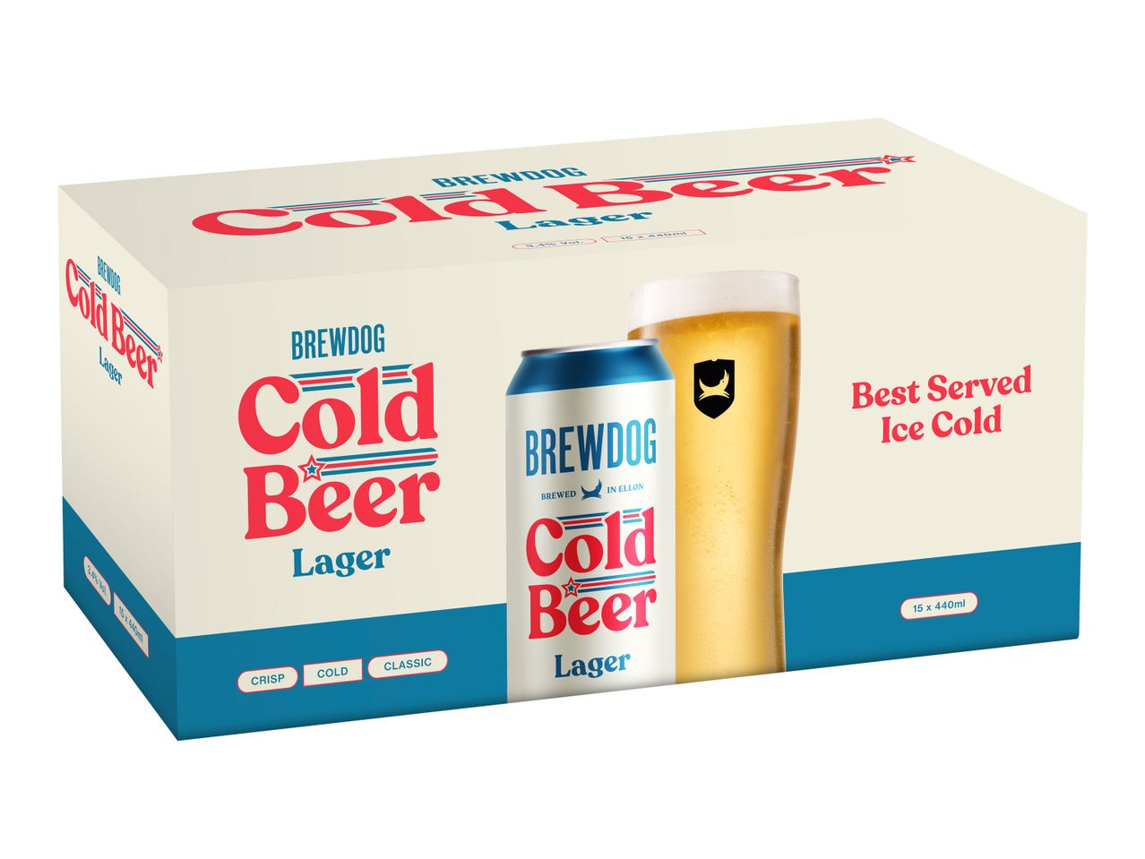 A BrewDog Cold Beer 15-pack box featuring a can and a glass of lager.