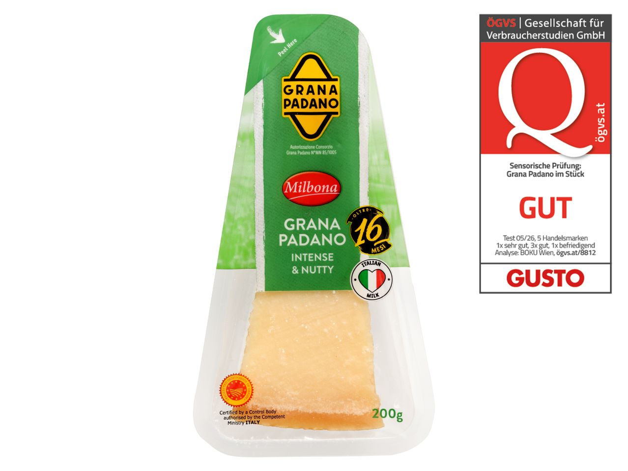 Grana Padano Käse in Verpackung mit „Gut“-Bewertung und 200g-Angabe.