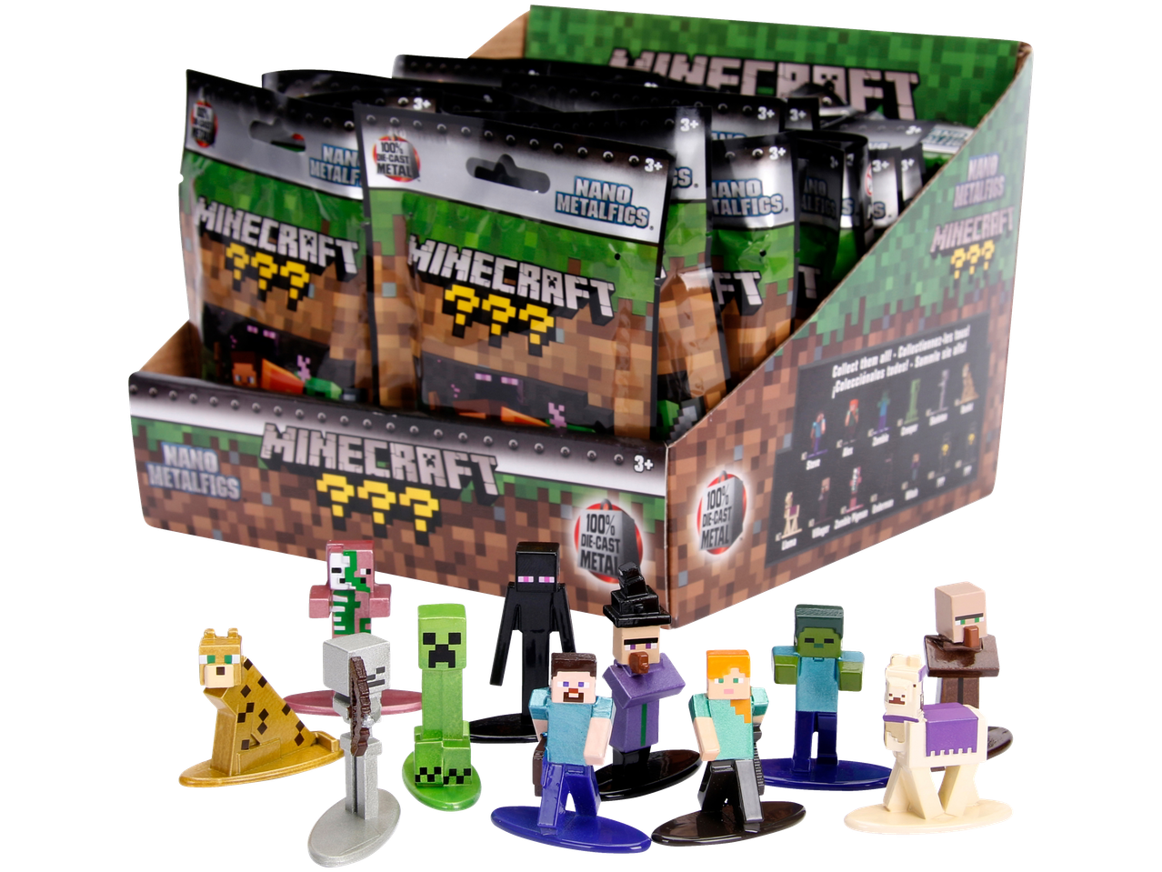 Οθόνη τυφλών πακέτων Minecraft Nano Metalfigs με διάφορες συλλεκτικές φιγούρες.